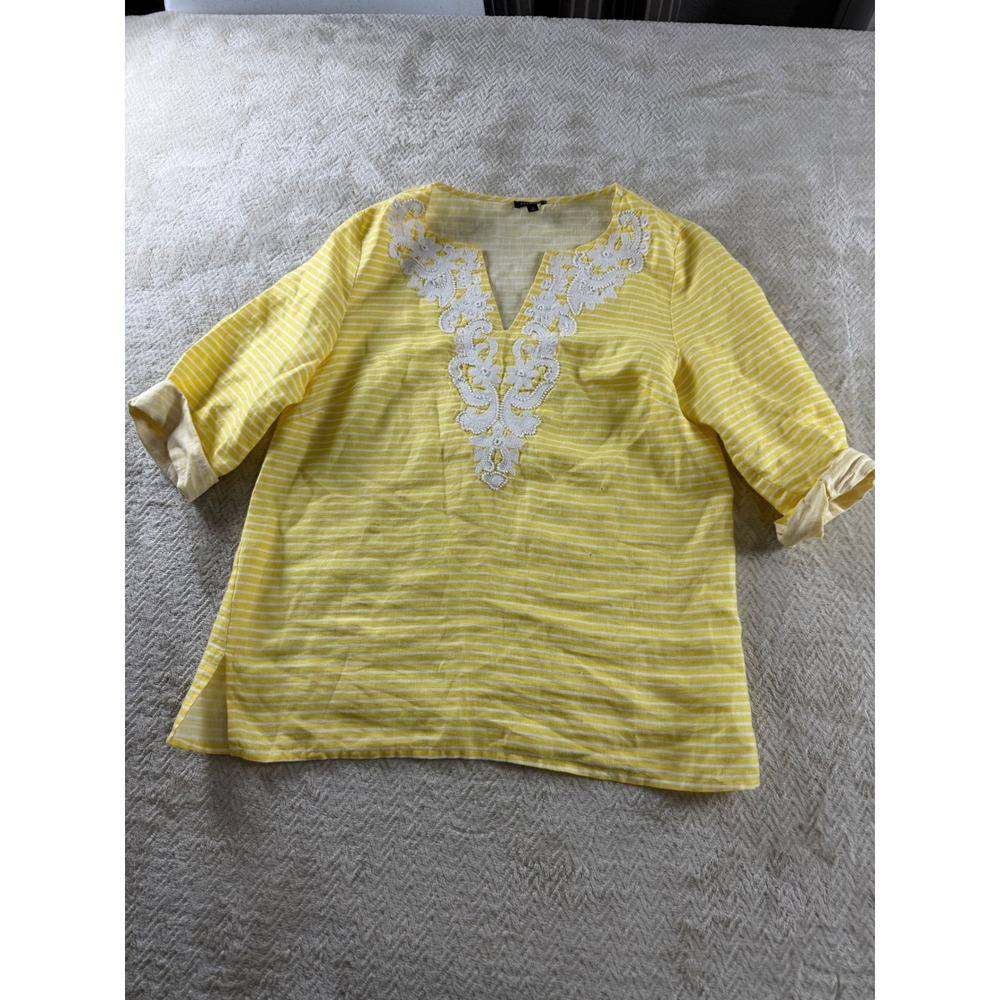 Talbots Womens Yellow White Striped 100% Linen Embroidered V-Neck Tunic Top S - Picture 2 of 16